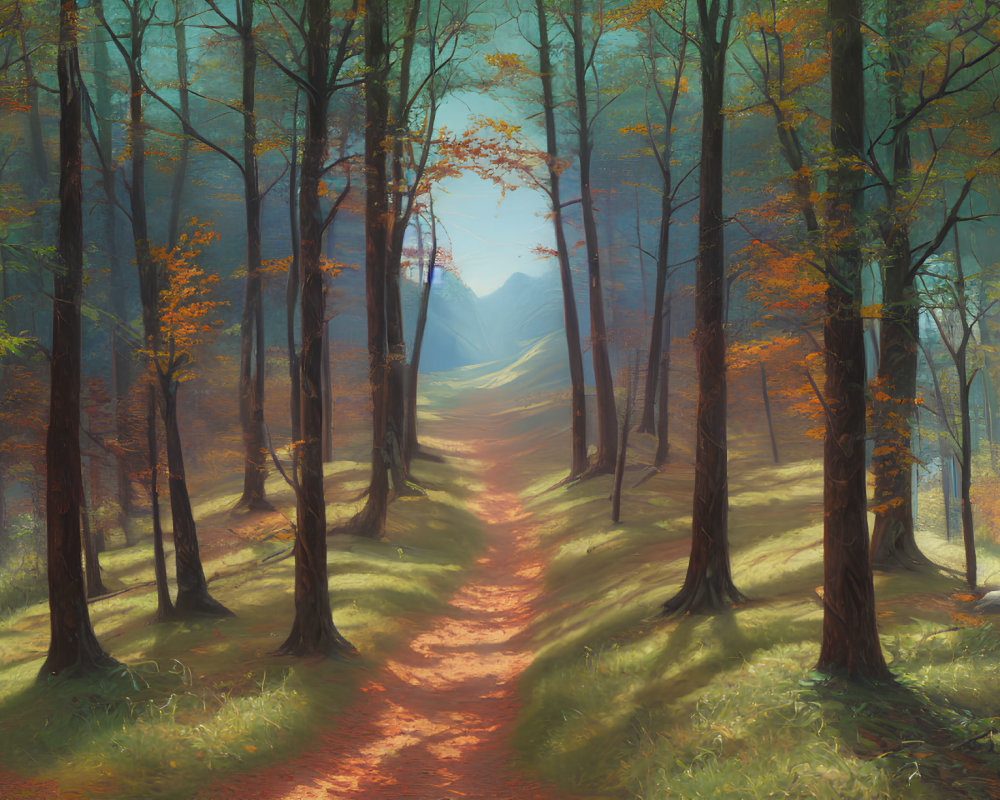 Tranquil Autumn Forest Path with Sunbeams and Vibrant Foliage