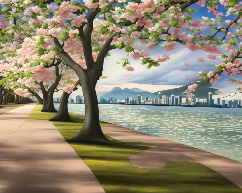 Cherry Blossom Trees Along Lakeside Pathway