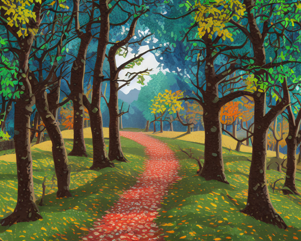 Red Path Through Colorful Autumn Forest with Green, Yellow, and Orange Trees