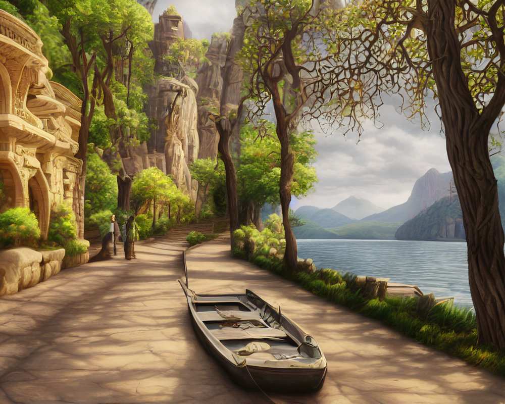 Tranquil lakeside path with boat, ancient trees, and misty mountains