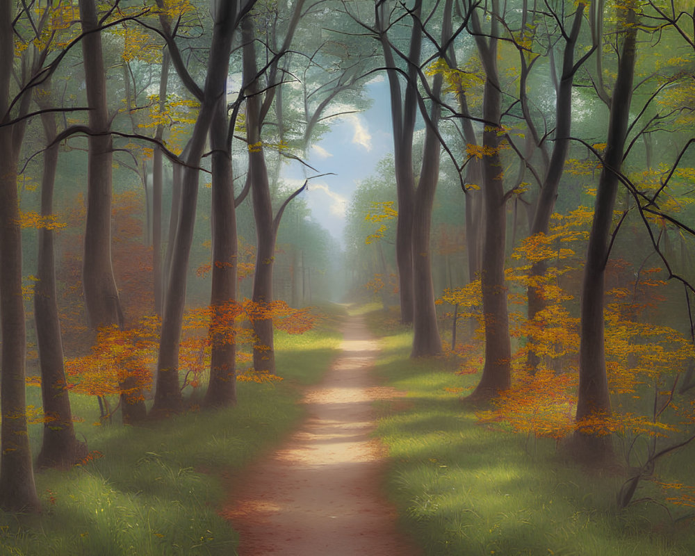 Tranquil Autumn Forest Path with Vibrant Leaves