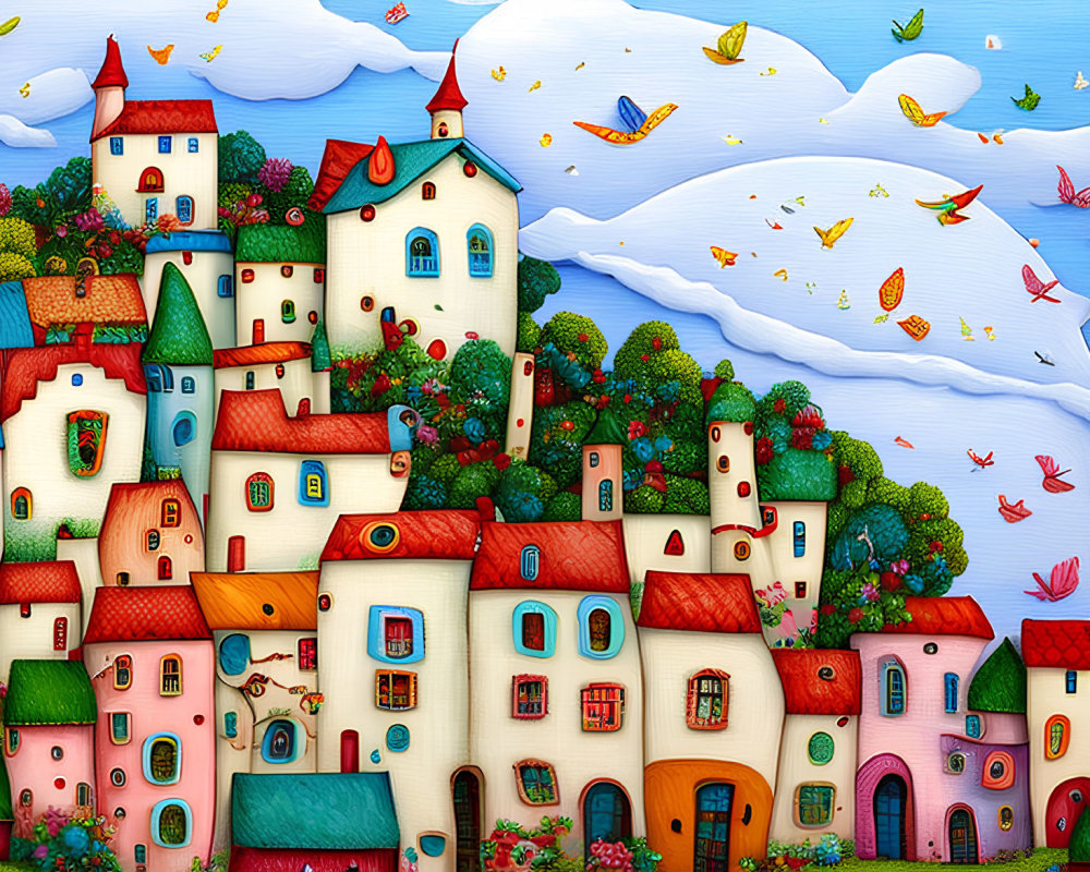Vibrant village scene with charming houses, birds, hills, and blue sky