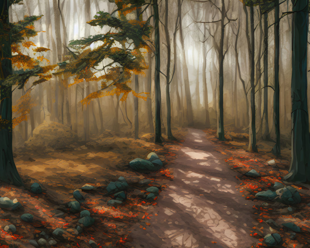 Tranquil forest path with autumn sunlight and foliage