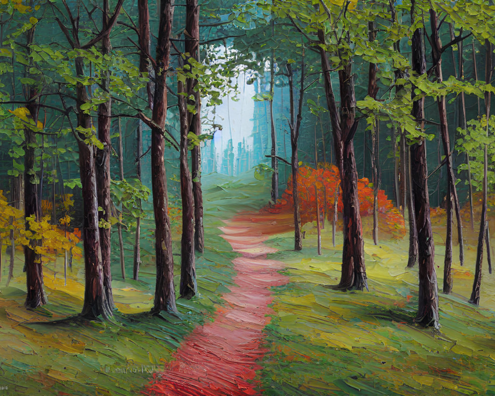 Forest Path Painting with Lush Green Trees and Autumn Colors