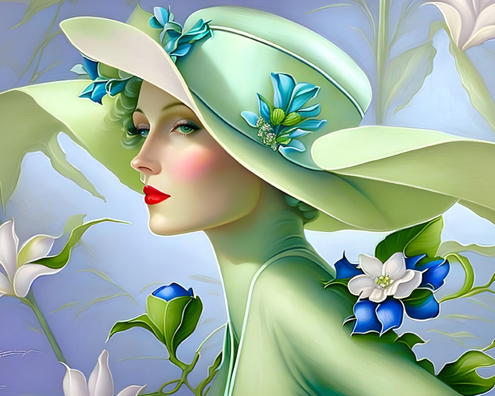 Illustration of woman in green hat with blue flowers, surrounded by white lilies on blue background