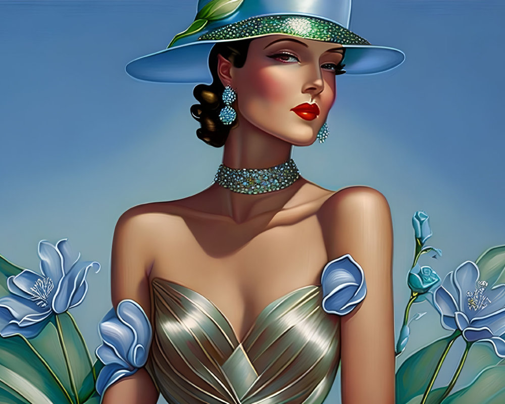 Fashion illustration of elegant woman in stylish hat and gown with red lipstick and blue flowers