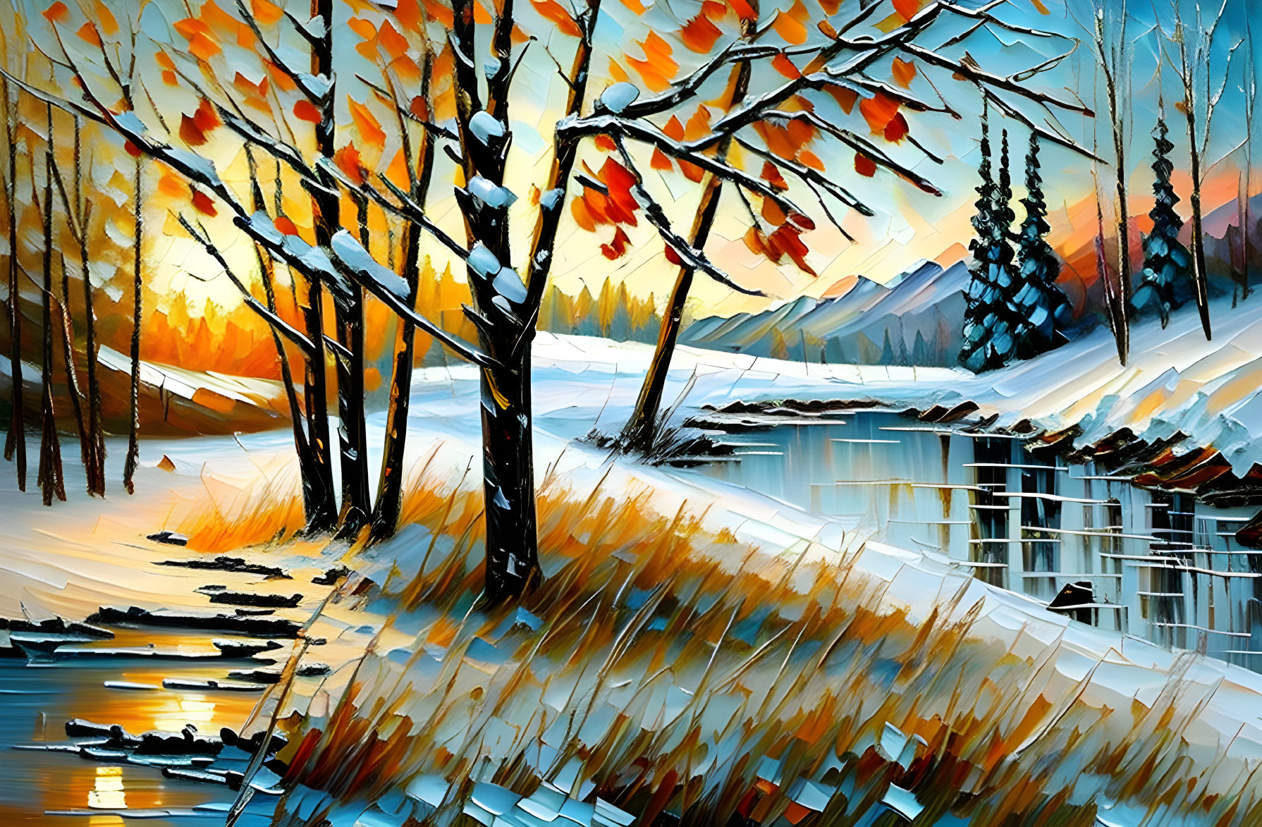 Winter landscape painting with river, snow, trees, and blue sky