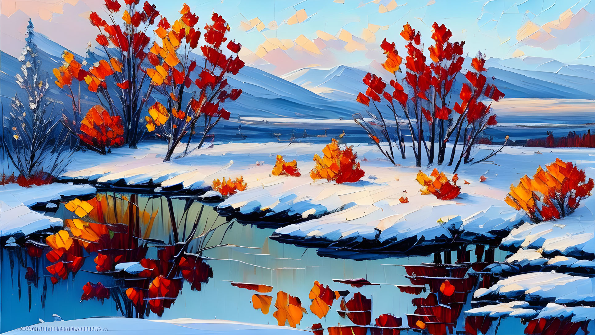 Scenic winter landscape with red and orange foliage by serene lake