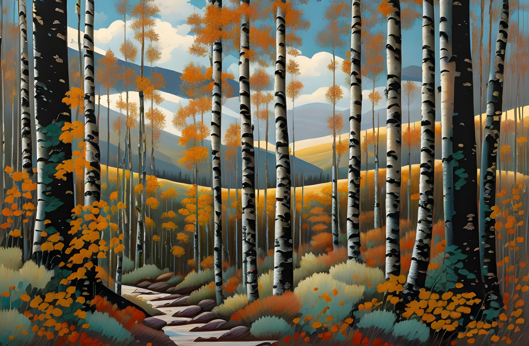 Stylized autumn forest with birch trees and golden leaves