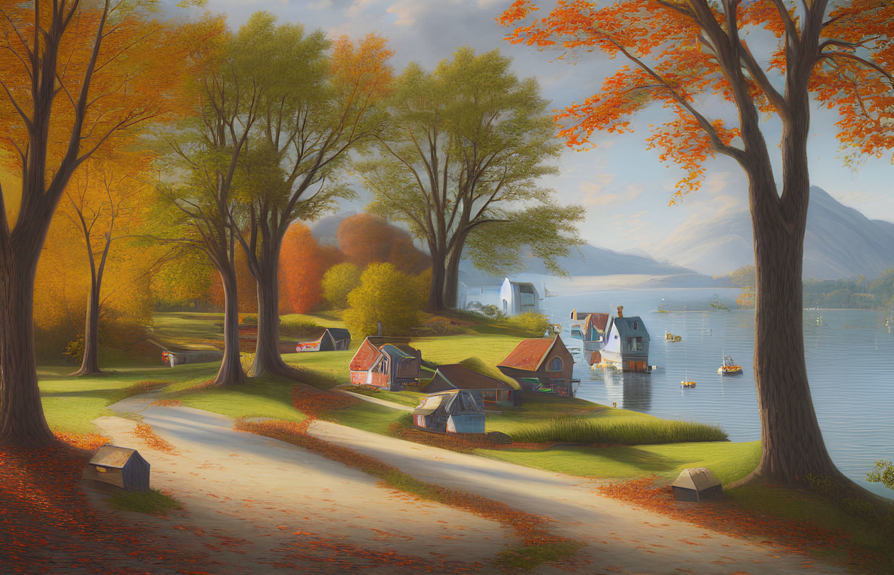 Vibrant autumn landscape with orange trees, winding path, houses, and lake nestled among mountains