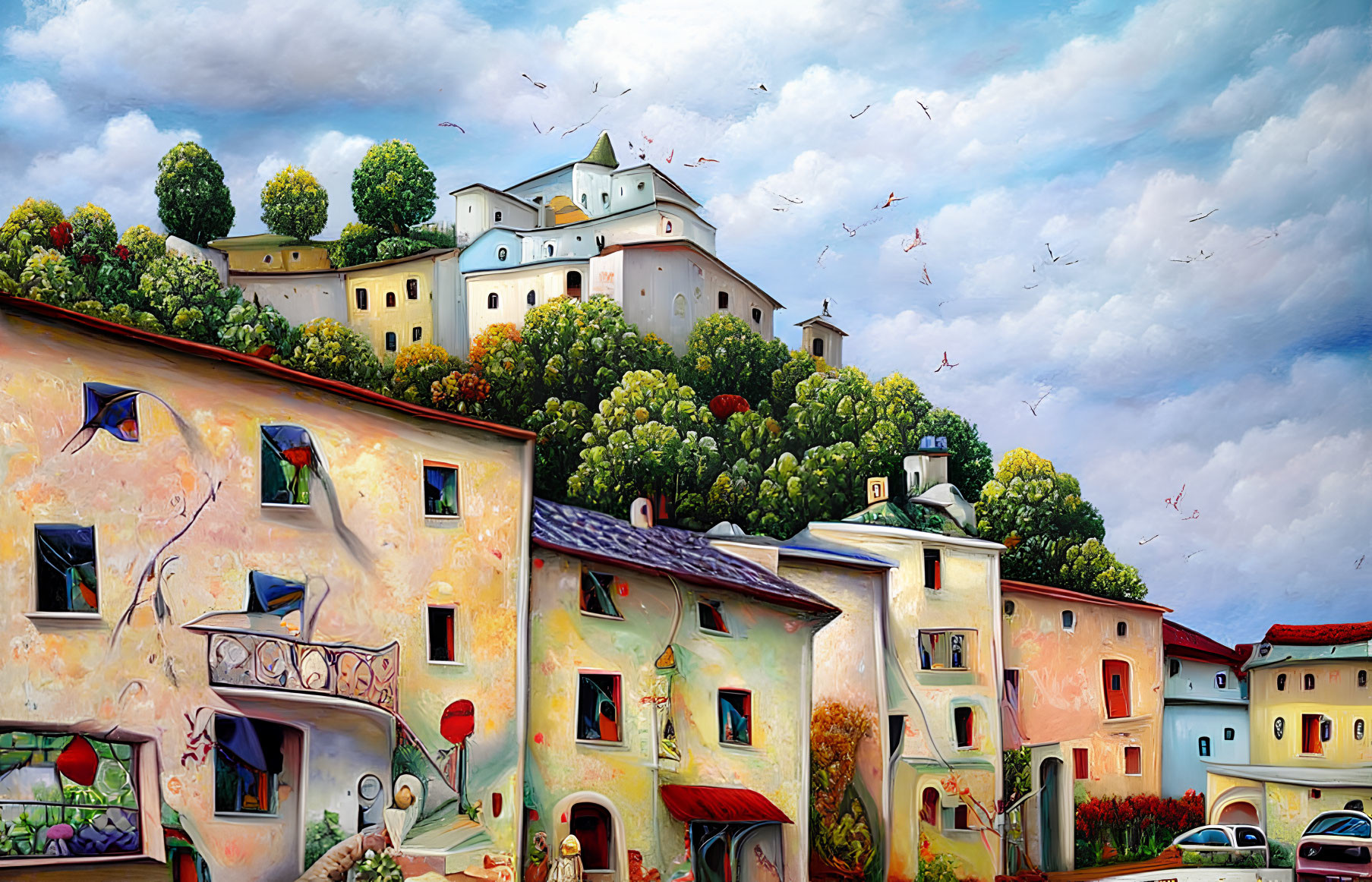 Colorful hilltop village painting with birds and castle under cloudy sky