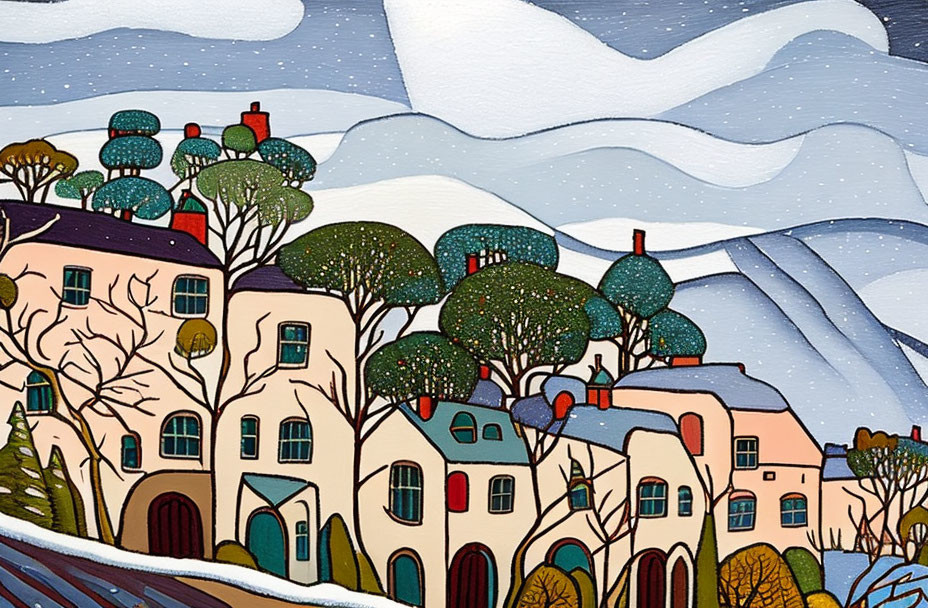 Vibrant painting of quaint houses and trees under swirling clouds