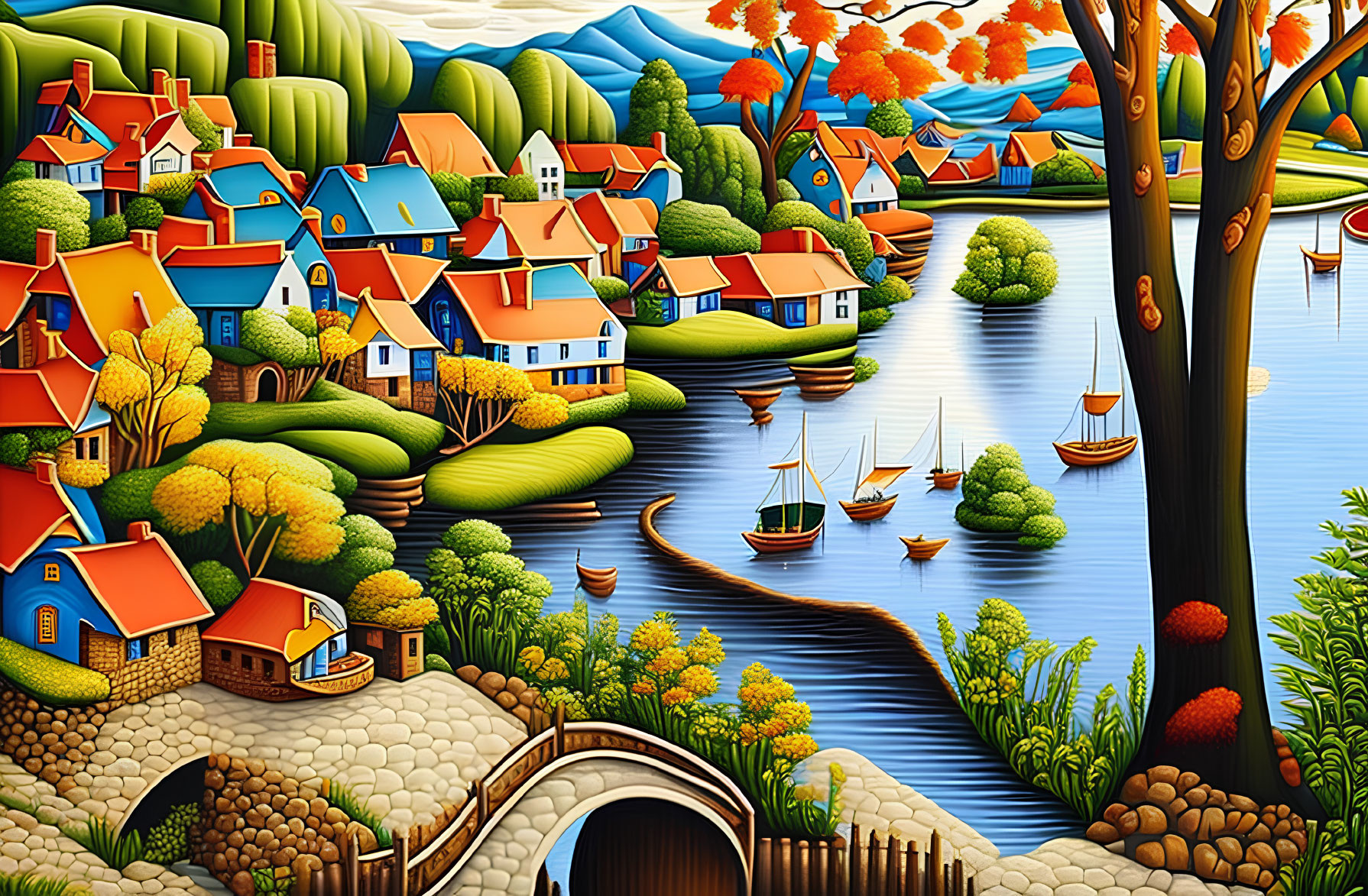 Colorful Artwork of Whimsical Village with River and Stone Bridge