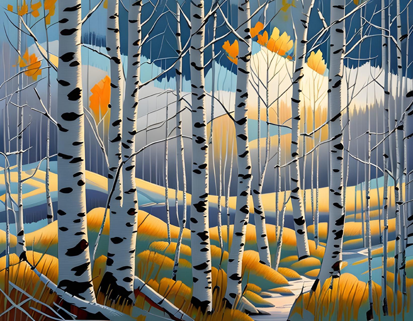 Birch Forest in Autumn with Golden Leaves and White Trunks