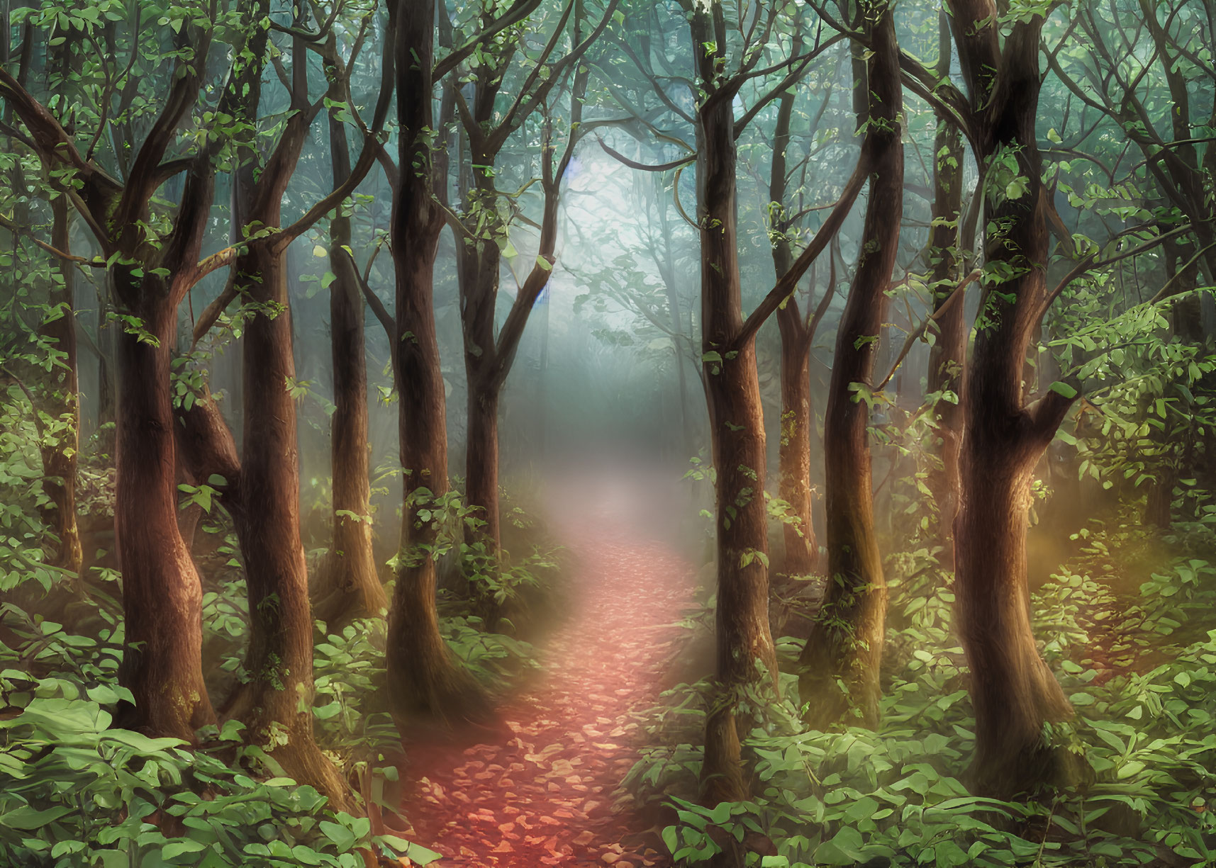 Misty forest path with sunlight filtering through canopy