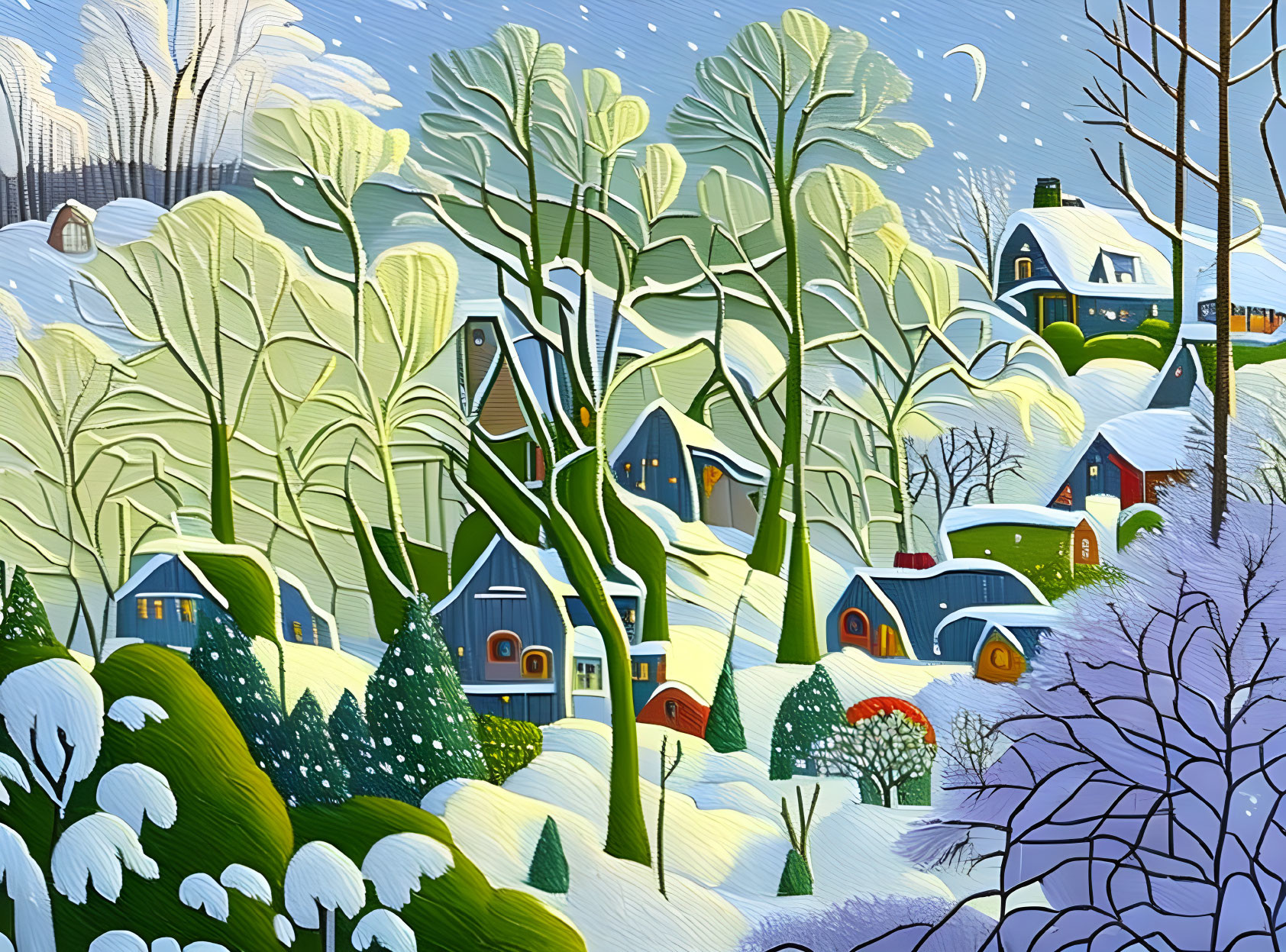 Vibrant painting of snowy village with trees and houses