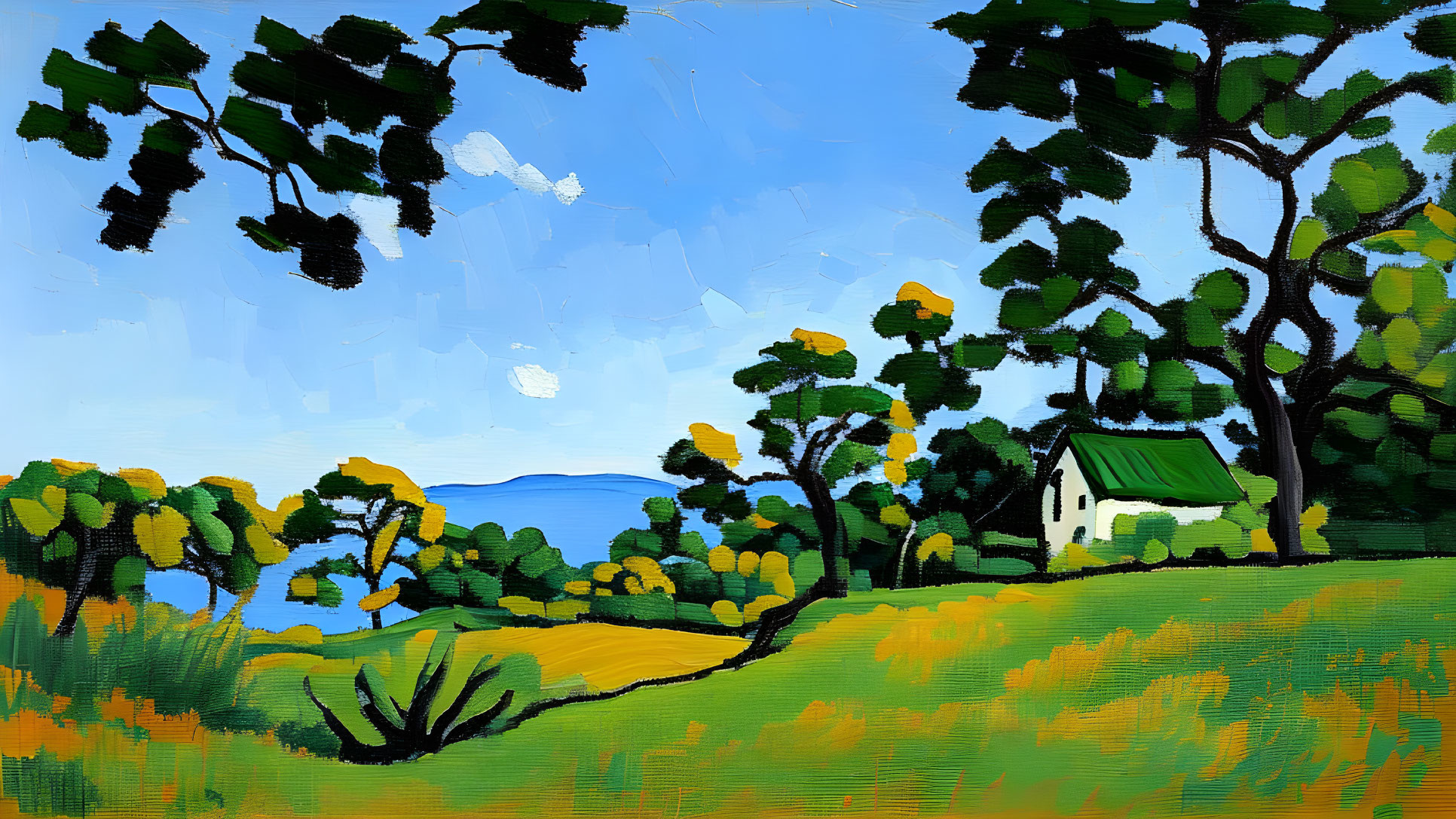 Colorful landscape painting with small house, green trees, field, and distant sea.