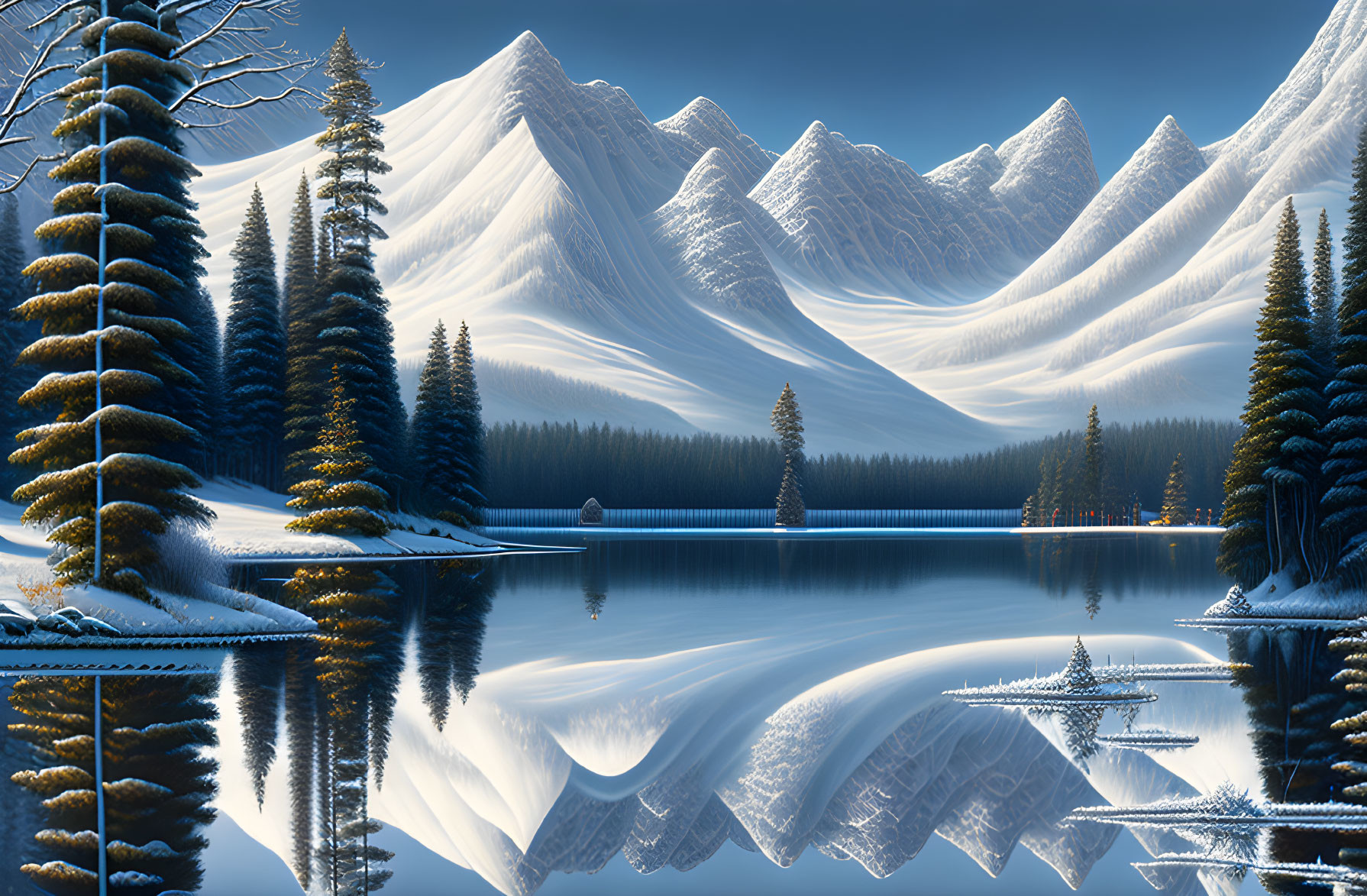 Snowy Mountains Reflected in Smooth Lake Amid Winter Landscape