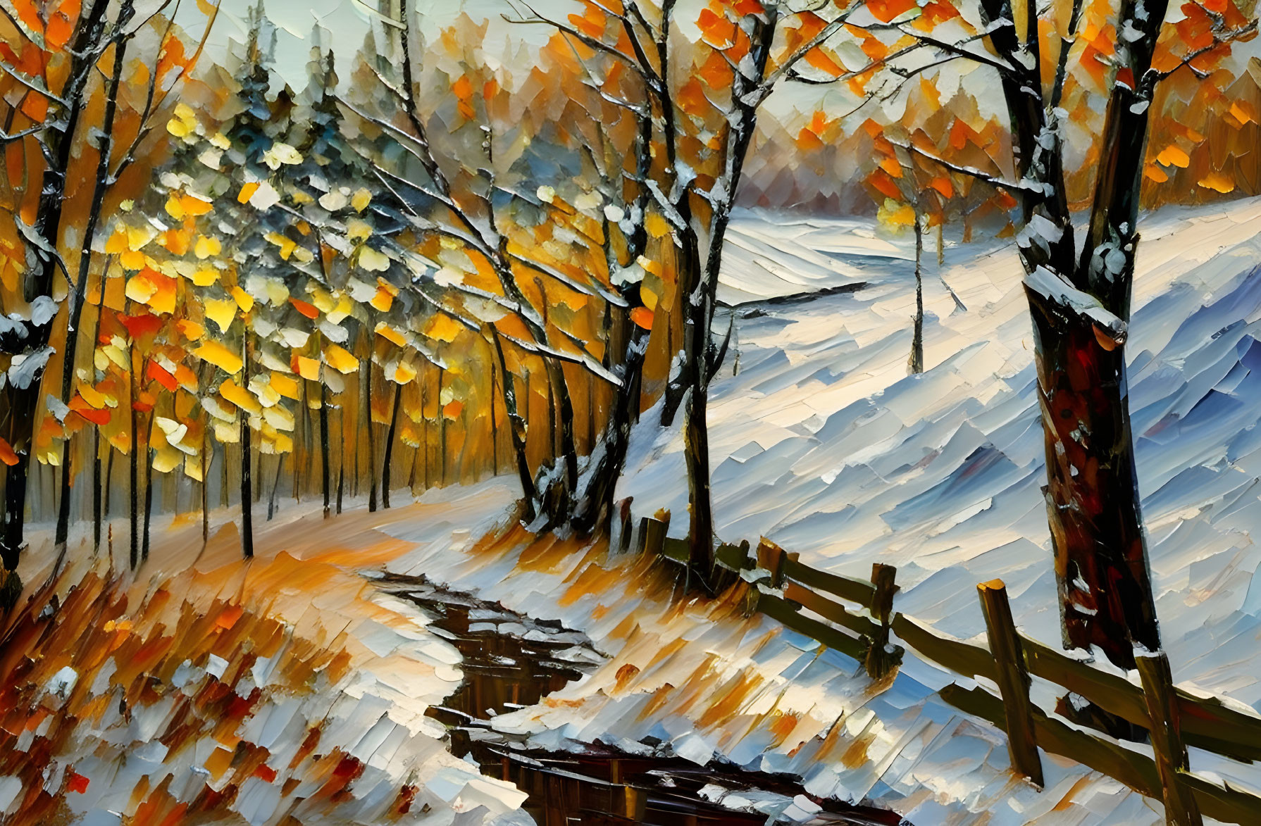 Snowy Path Painting with Wooden Fence and Autumn Trees