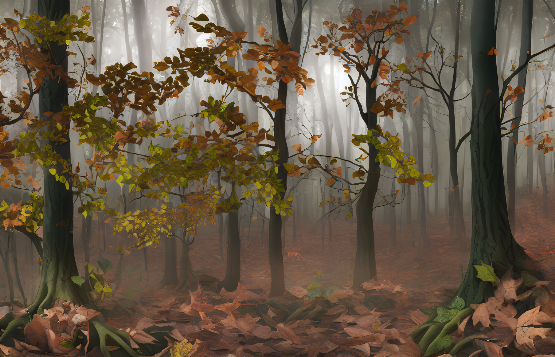 Misty Autumn Forest with Orange and Brown Trees