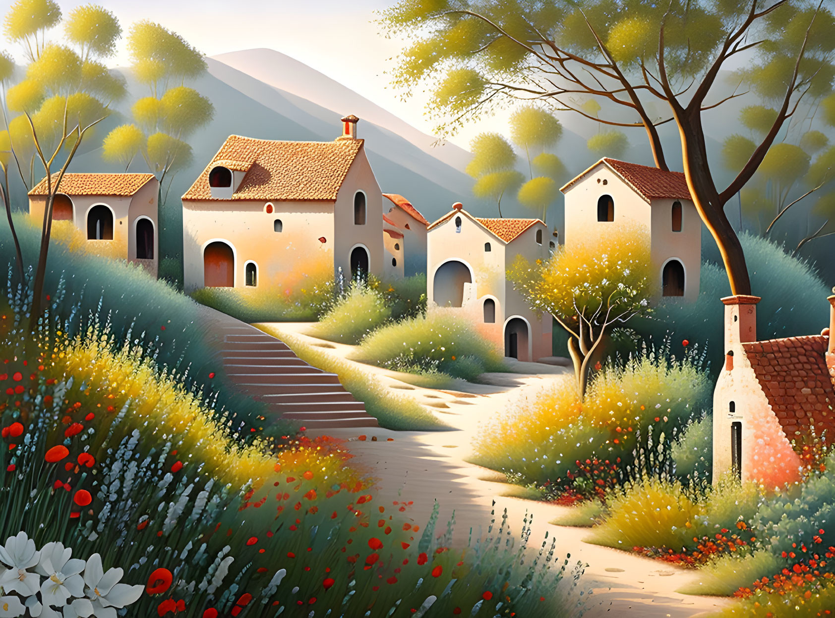 Tranquil village scene with white houses, red roofs, lush nature