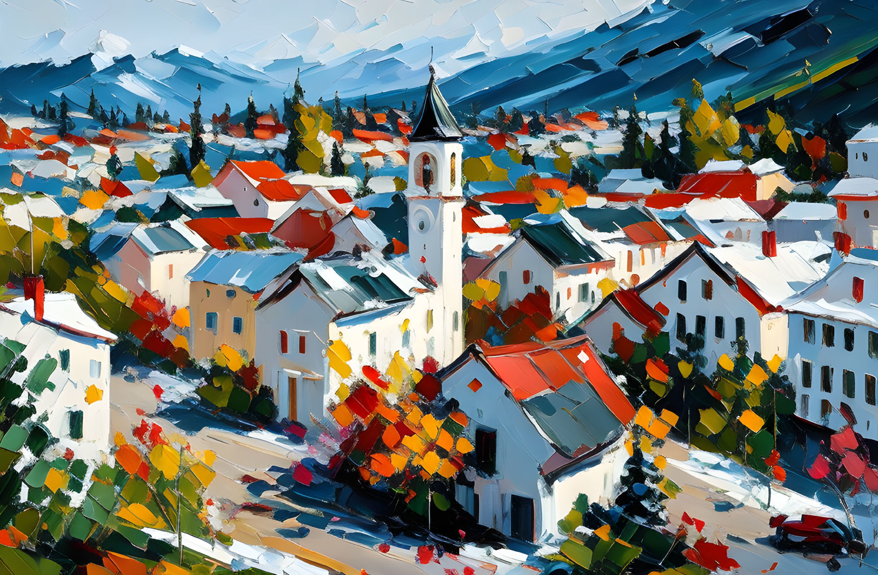 Colorful oil painting of a quaint town with vibrant foliage and mountain backdrop