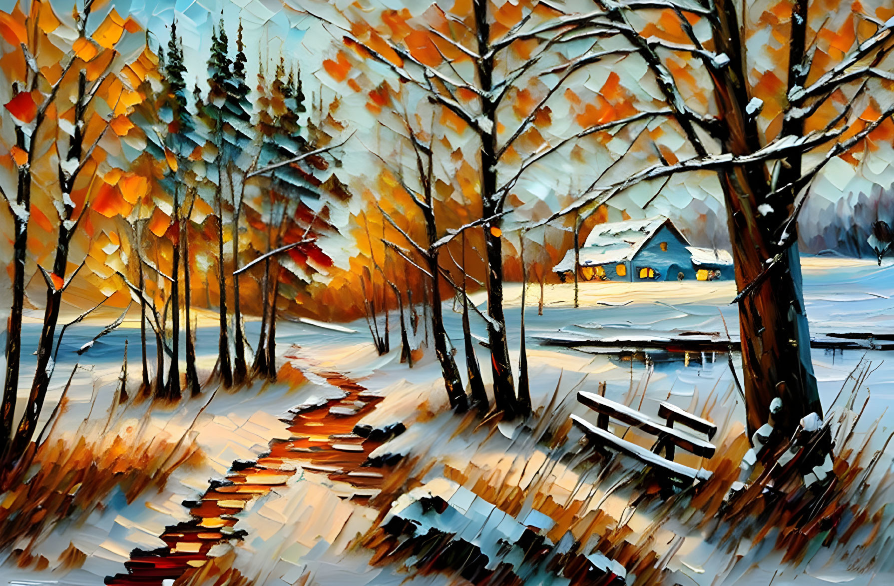 Snowy Path with Vibrant Autumnal Trees and Cozy Cottage by Frozen Lake