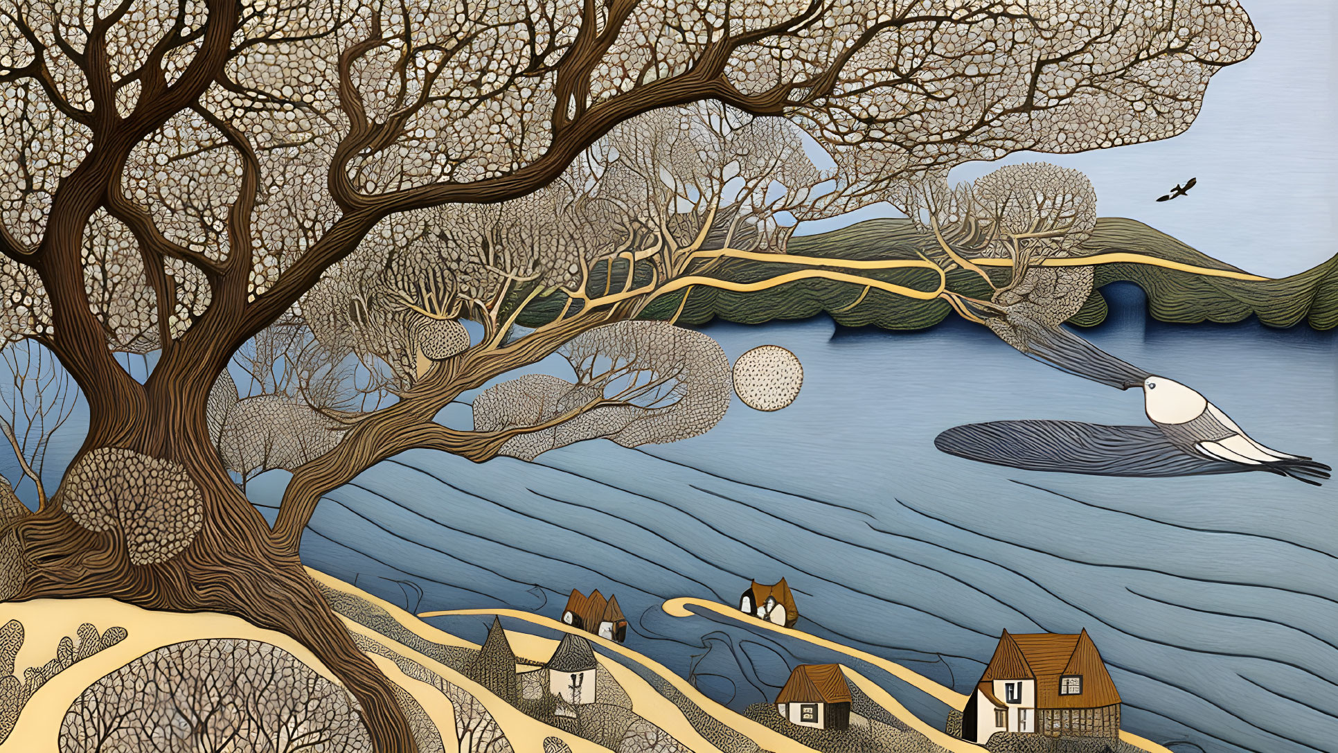 Detailed landscape illustration with trees, houses, hills, river, and bird against patterned sky.