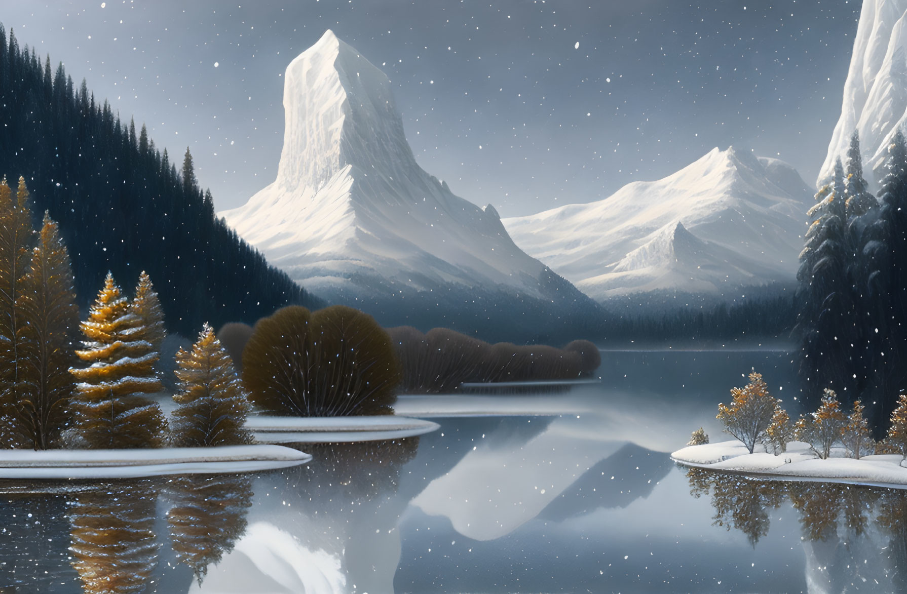 Snowy Winter Landscape: Trees, Lake, Snowflakes, Mountains at Dusk