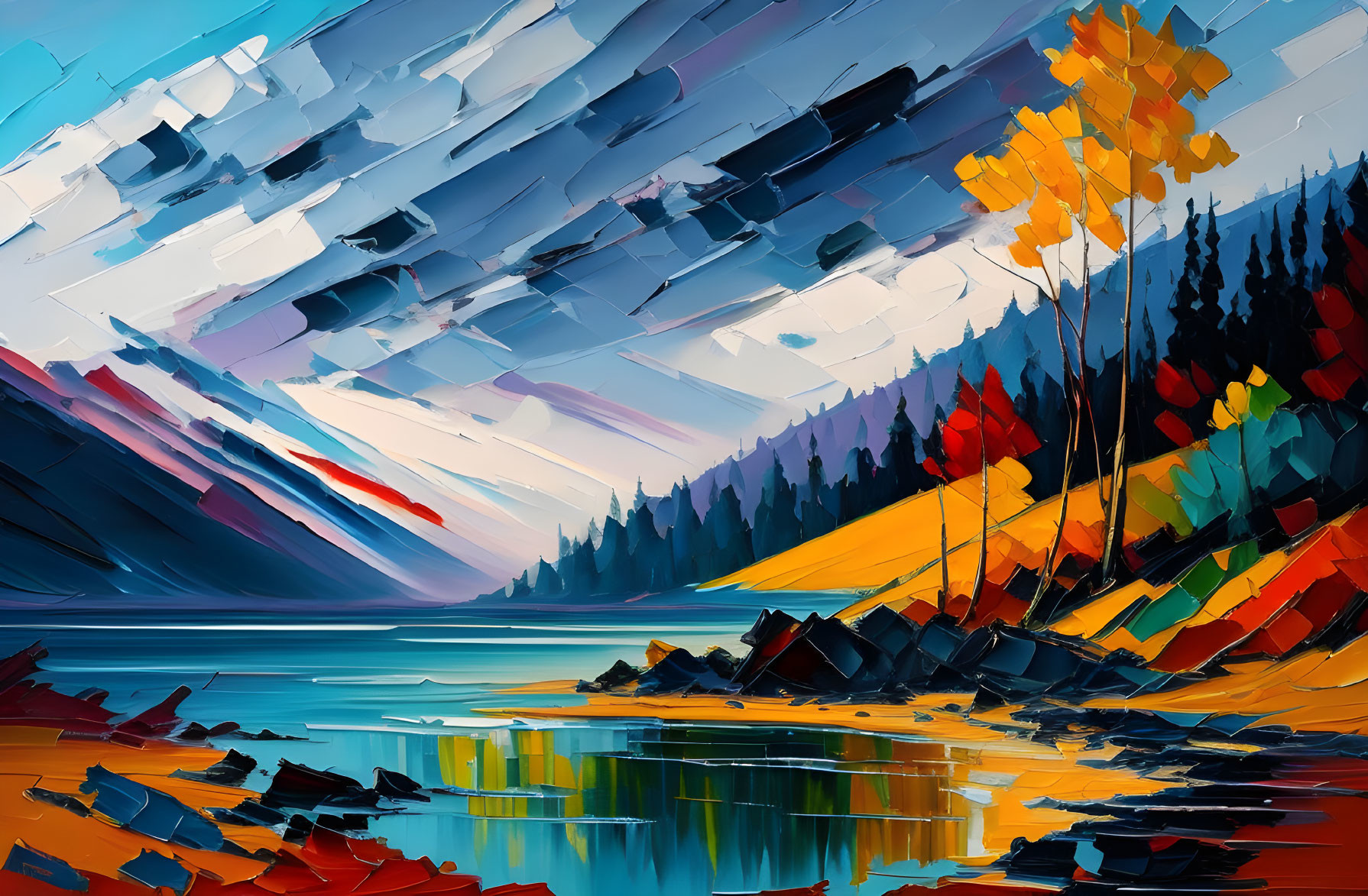 Colorful Abstract Painting: Autumn Landscape with Dynamic Brush Strokes