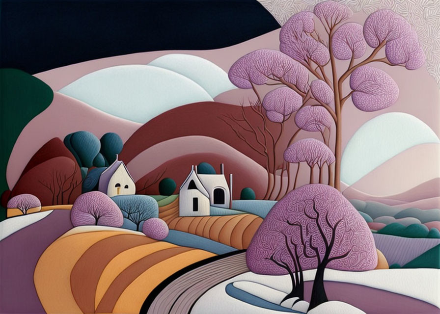 Purple Tree Landscape with Hills, Houses, and Fields in Stylized Art