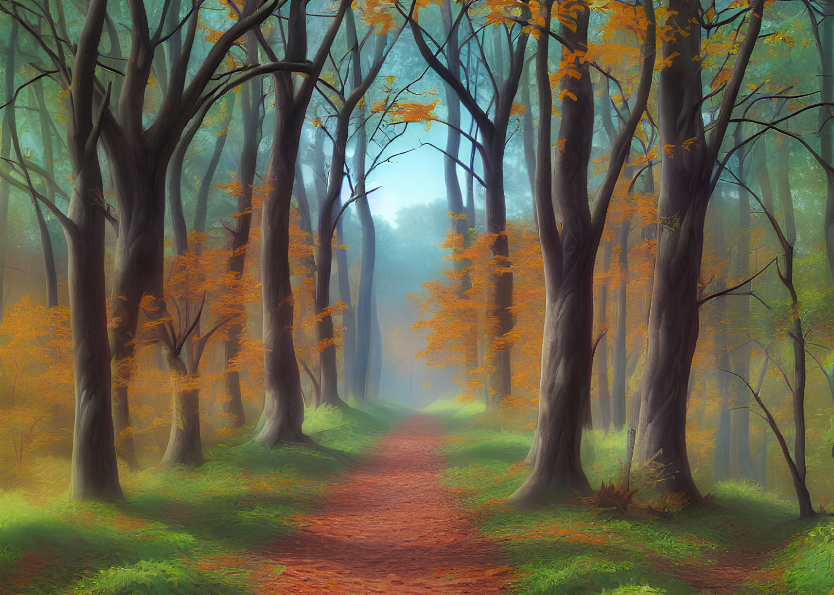 Tranquil forest path with tall trees and golden leaves in soft, misty light