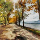 Stylized autumnal landscape with winding path, bare trees, lake view.
