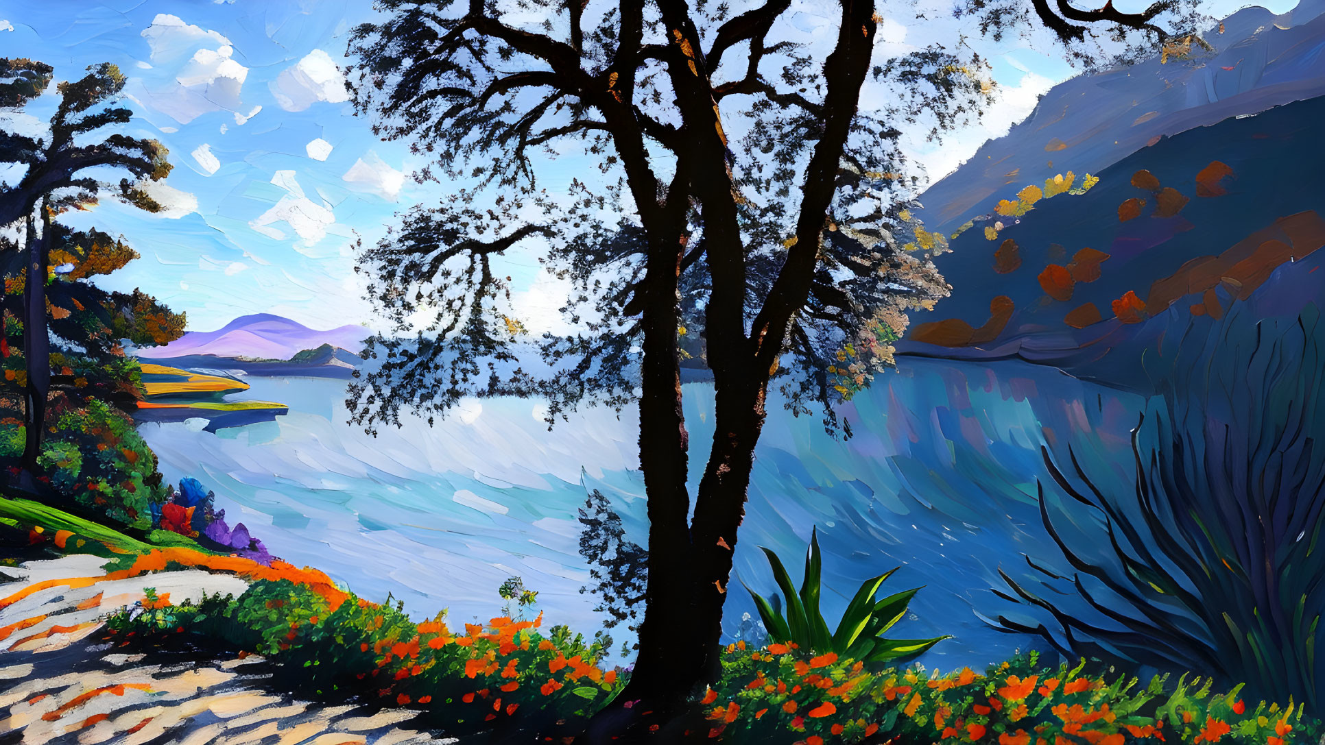 Scenic lakeside painting with vibrant colors