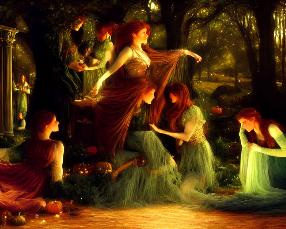 Ethereal women in flowing dresses in enchanted forest with pumpkins