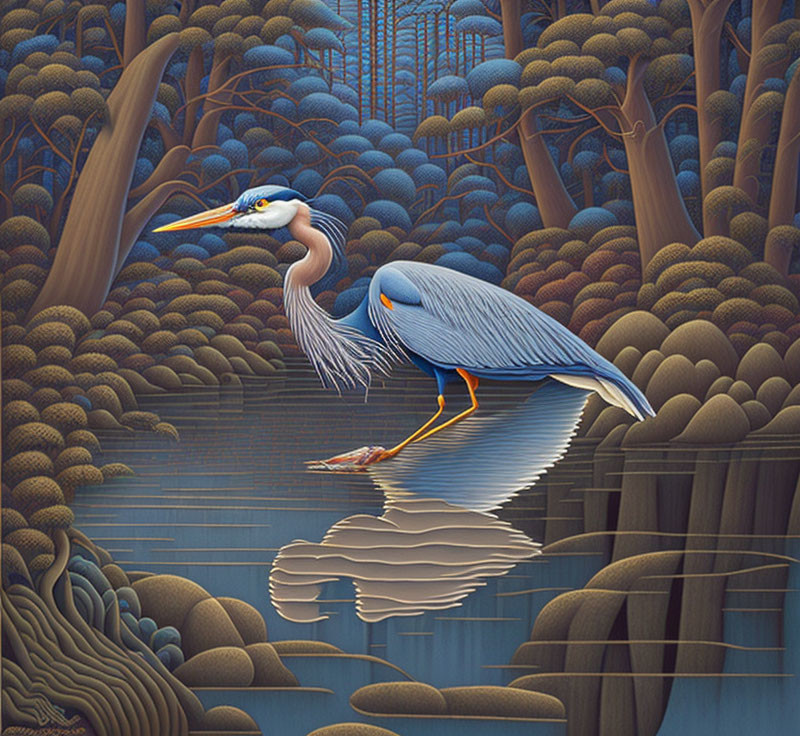 Heron standing by calm waters with mystical forest background