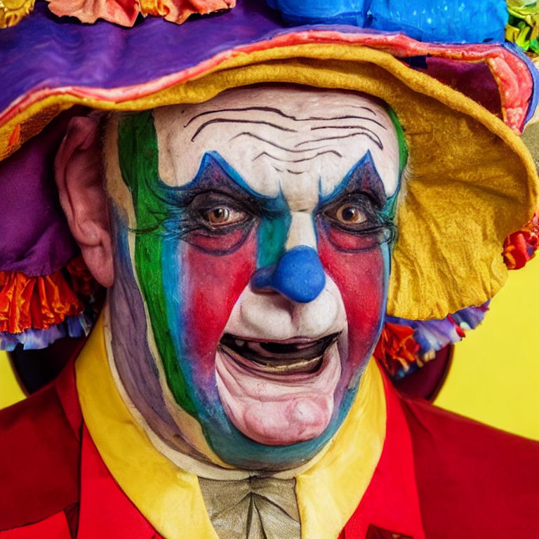 Colorful Clown Costume with Exaggerated Makeup and Vivid Expression