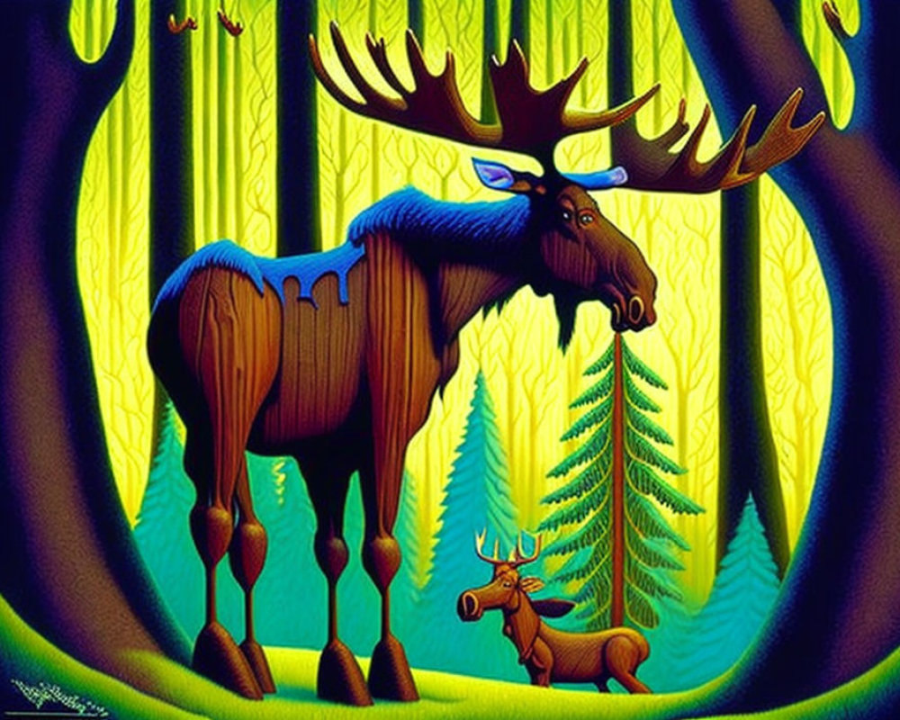 Vibrant forest scene with stylized moose and hidden figure