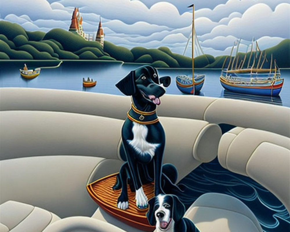Three dogs on boats with ocean waves, clouds, islands, sailboats, and a castle