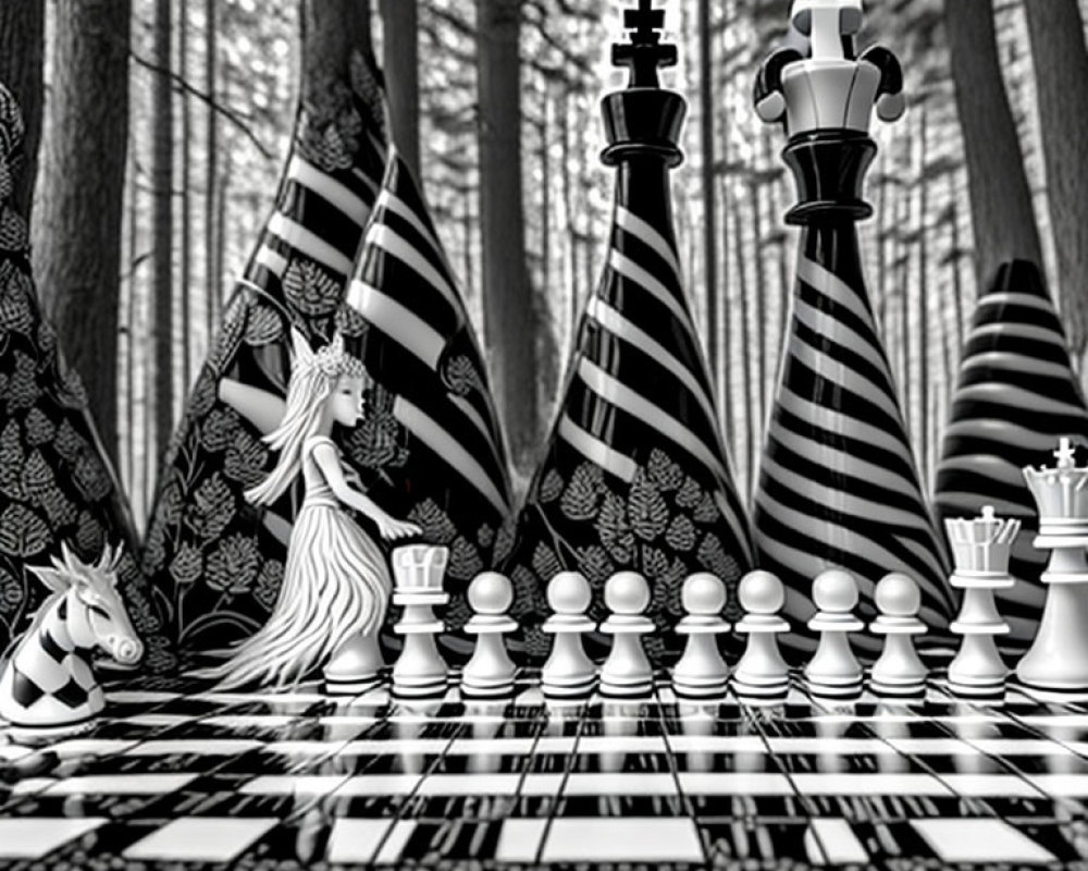 Monochrome Fantasy Chessboard with Unique Striped Pieces