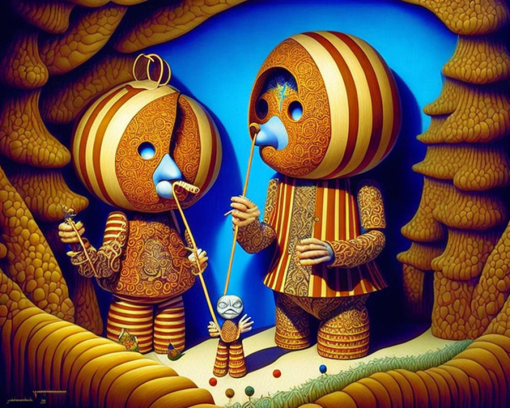 Whimsical striped characters with elongated noses in surreal honeycomb setting