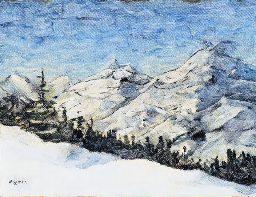 Snowy Mountains Painting with Blue Sky and Evergreen Trees