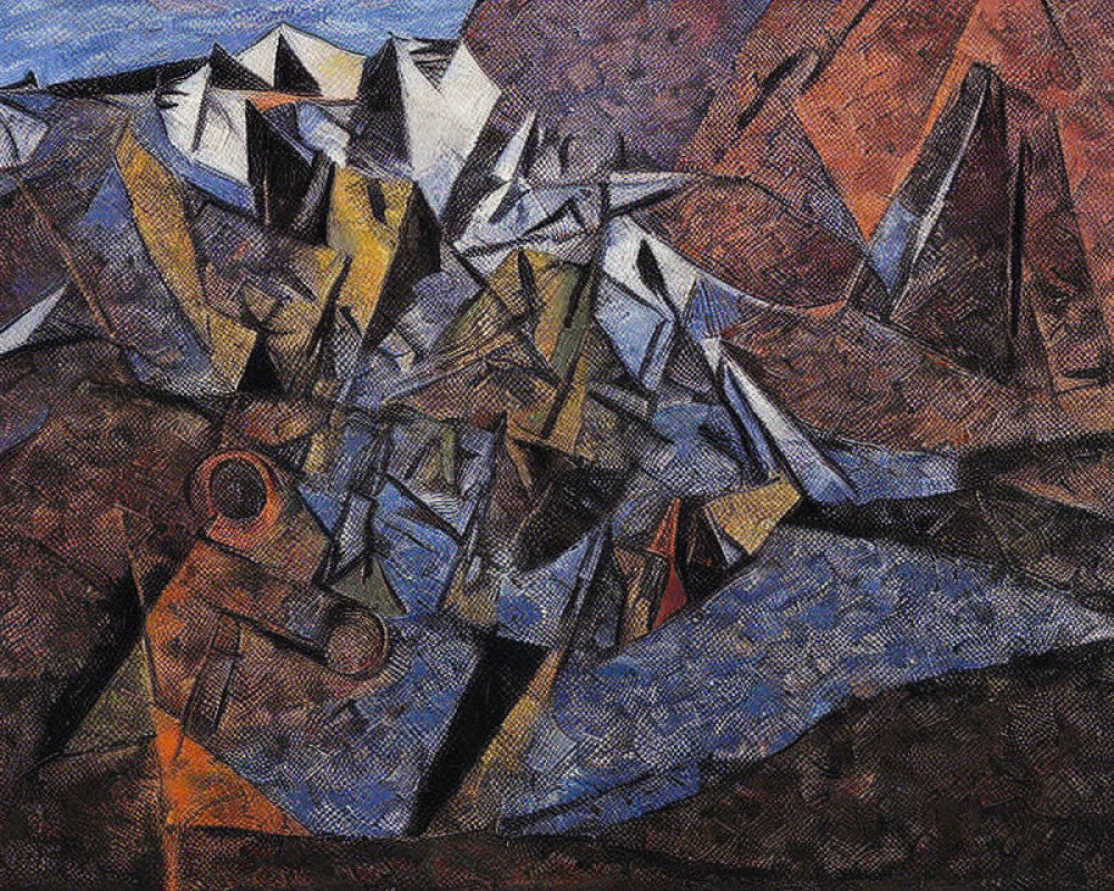 Abstract Cubist Painting in Brown, Blue, and White Interlocking Planes