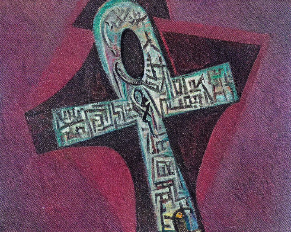 Stylized cross with intricate designs on textured purple background