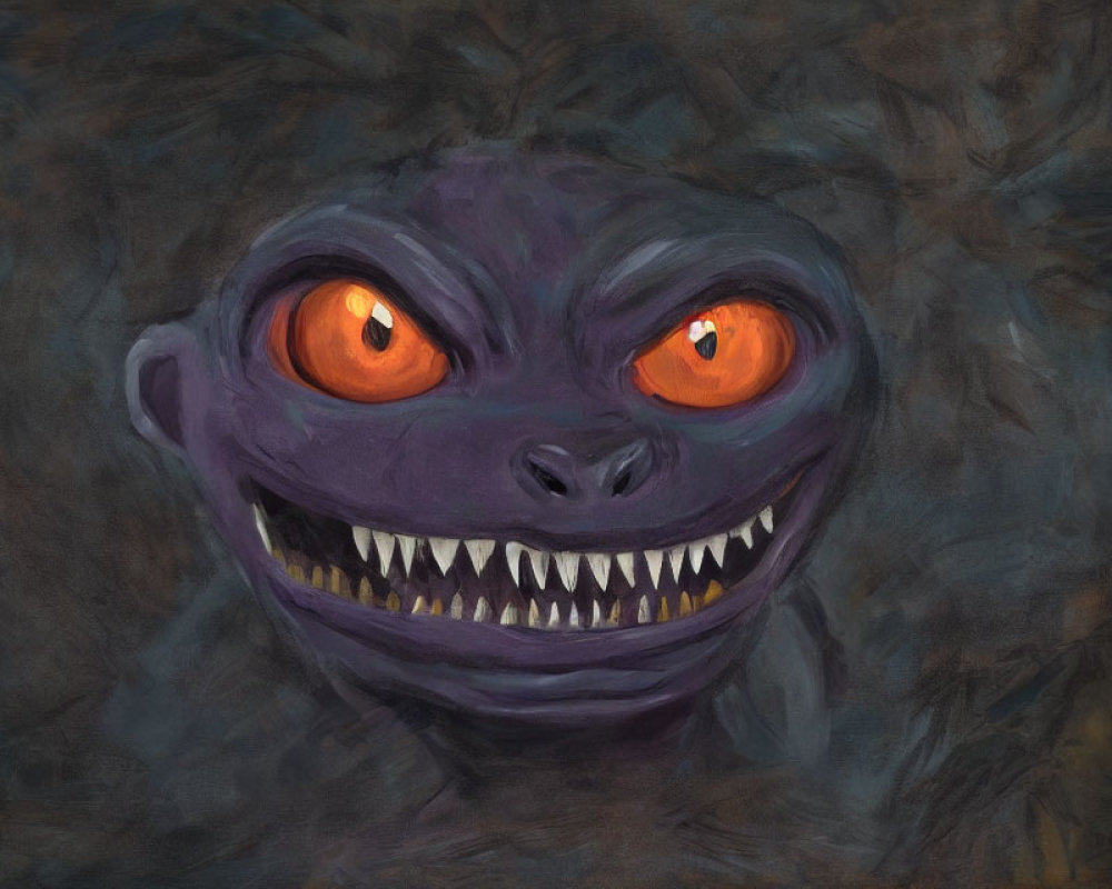 Purple Creature with Glowing Eyes and Sharp Teeth on Dark Background