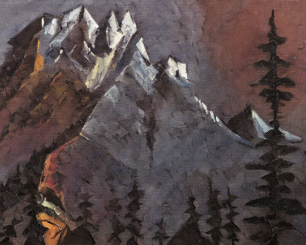 Impressionistic painting of rugged mountain range and conifer tree