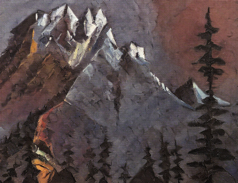 Impressionistic painting of rugged mountain range and conifer tree