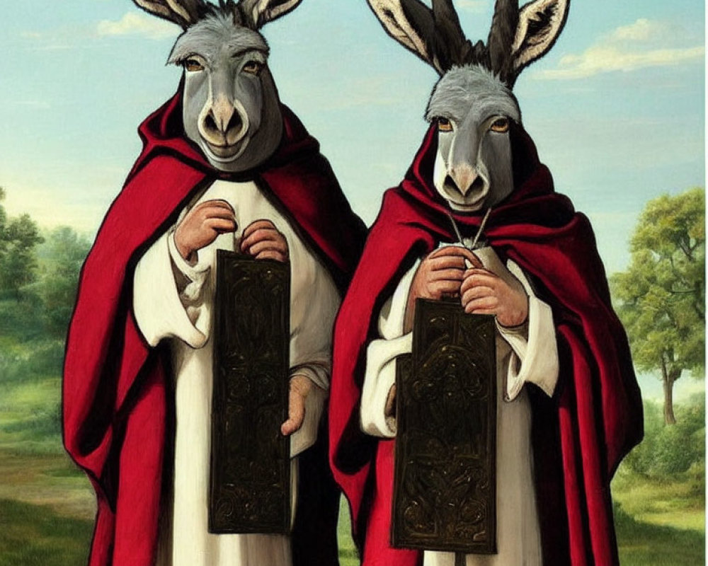Anthropomorphic donkeys in red cloaks with tablets in a scenic landscape