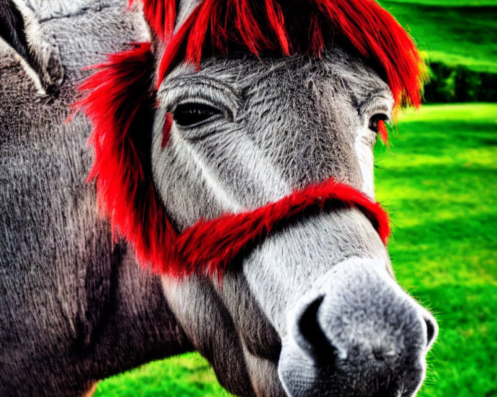 Donkey with Red Hair and Bridle on Green Grass