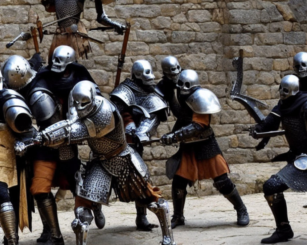 Medieval armored knights combat with swords and axes in stone courtyard